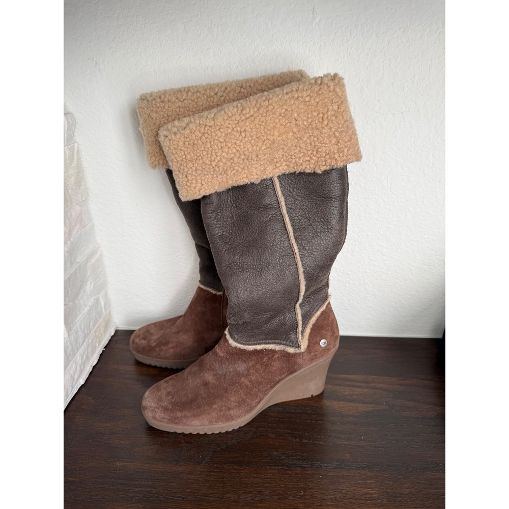 UGG Australia 5451 Brown Suede Leather Shearling Wedge Boots Womens 9